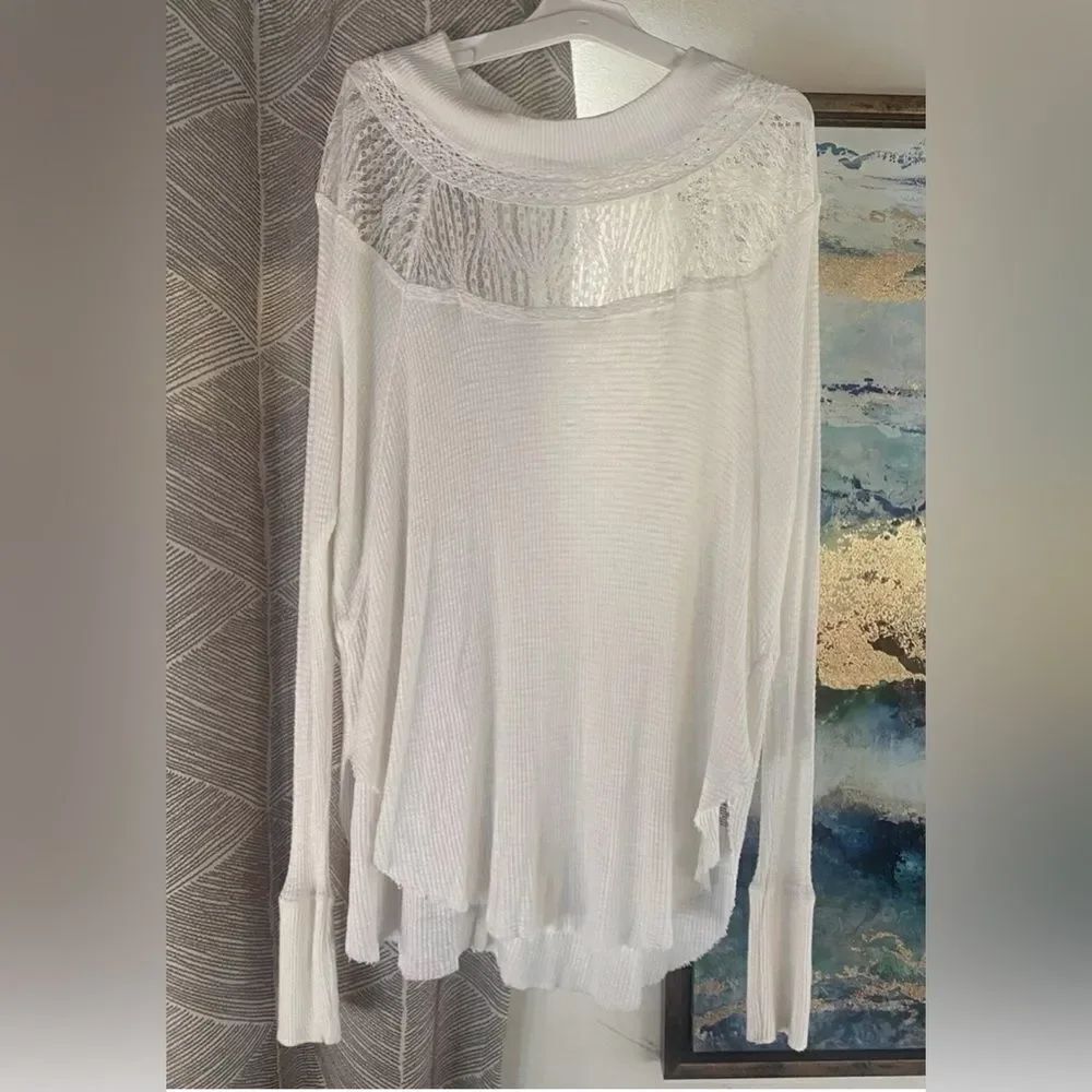 Free People Top Womens Small  White Long Sleeve Lace Ribbed Boat Neck